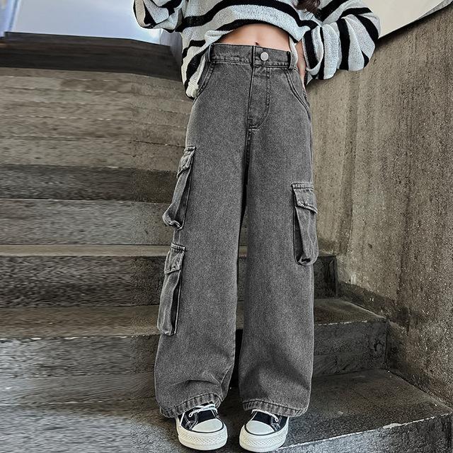 TryTry Tienermeisjes Wijde Broek Cargo Jeans Kinderen Casual Denim Broeken School Jonge Kinderen Rechte Baggy Broeken 15Y 130