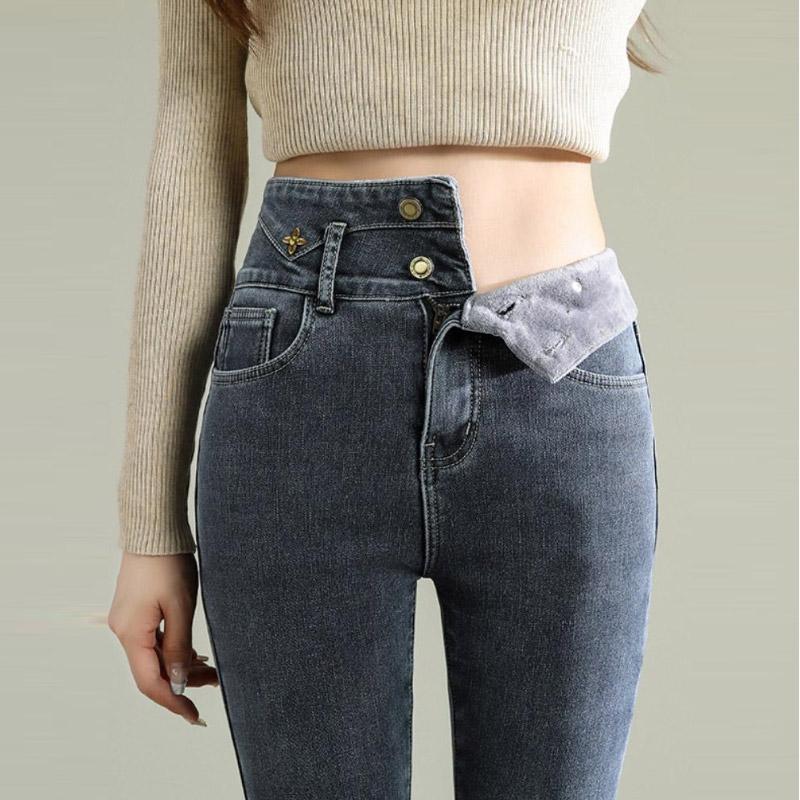 NiXis Herfst Winter Dikker Strakke Jeans voor Vrouwen Casual Hoge taille Elastische Denim Broek Mode Warme Kleding Vrouwelijke Plus Size L