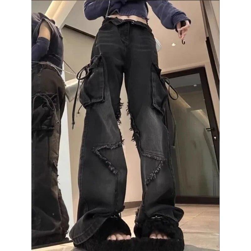 Exotic Dames zwarte gotische baggy cargo jeans met ster harajuku Y2k jaren 90 esthetische denim broek Emo jaren 2000 Jean broek vintage kleding L