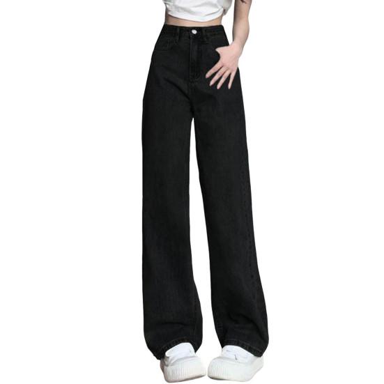 Yiyoubao Dames Jeans Hoge Taille Knoopsluiting Ritssluiting Vintage Losse Pasvorm Zakken Rechte Wijde Pijpen Streetwear Broek Dagelijkse Draag Lange Broeken S