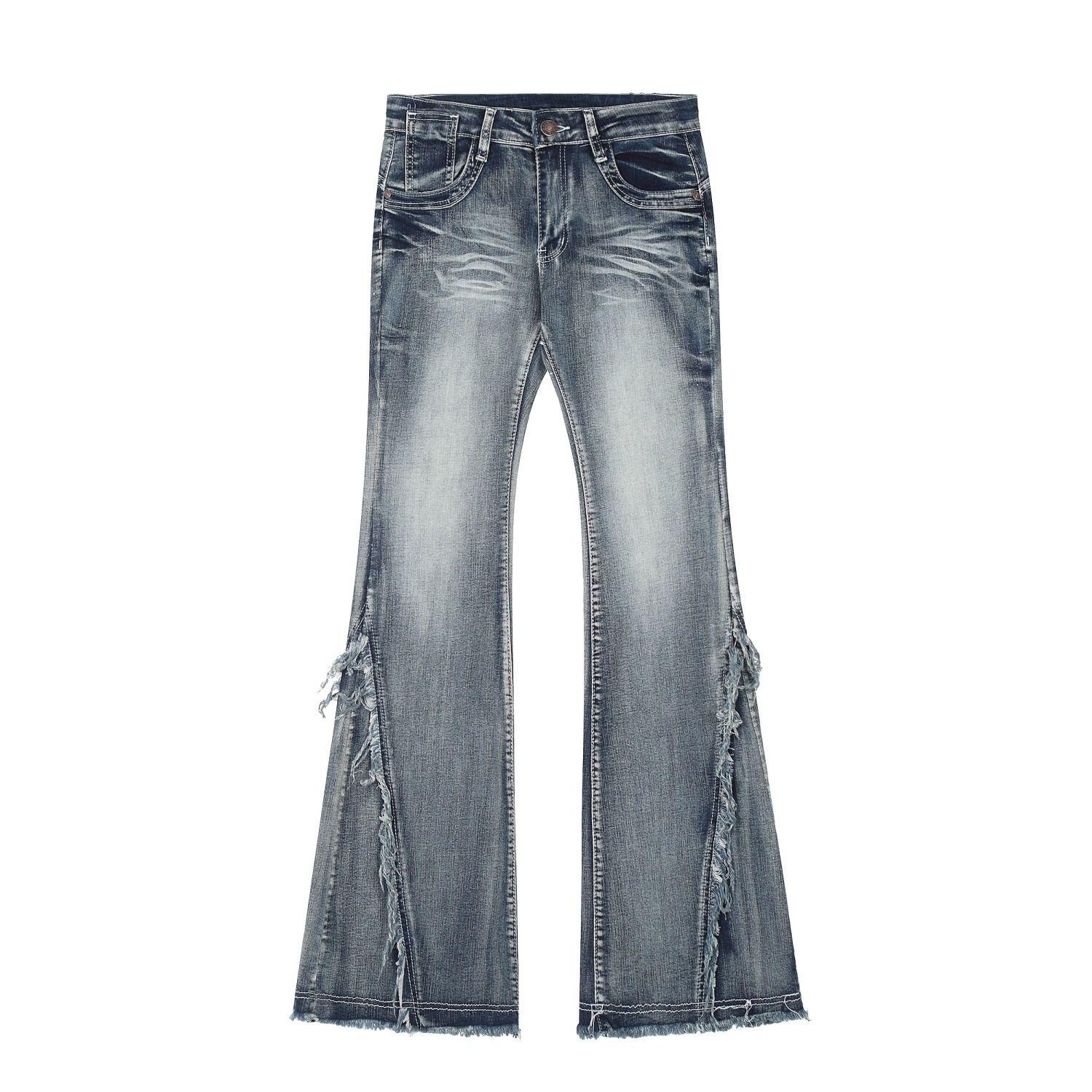 StyleSanctuary Y2k Flared Jeans voor dames Lage taille Gewassen denim broek Vrouwelijke Amerikaanse vintage broek Raw Edge Design Patchwork Herfst M blauw