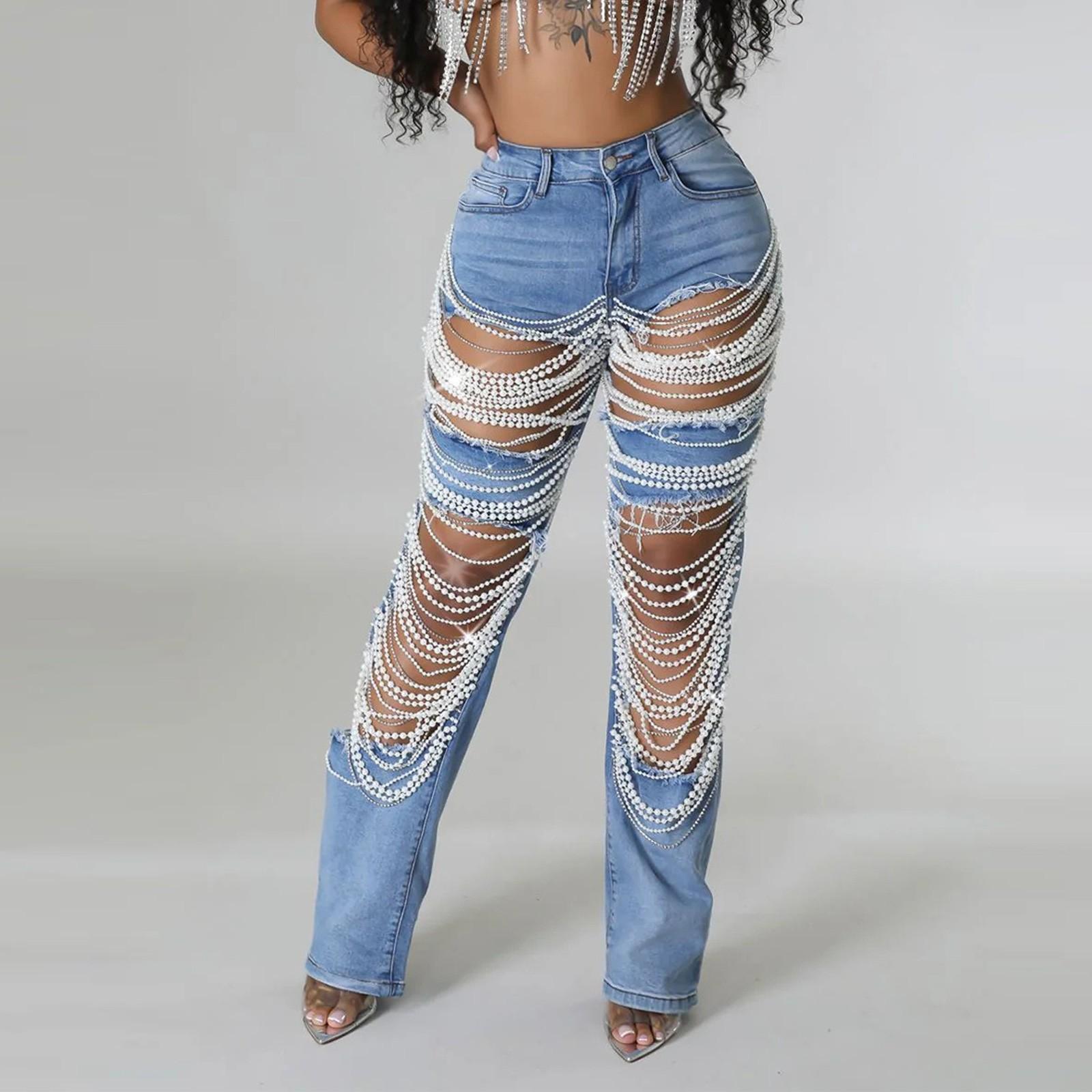 Daring Gebroken gat zware industrie spijkerkraal elastische jeans broek voor vrouwen M blauw