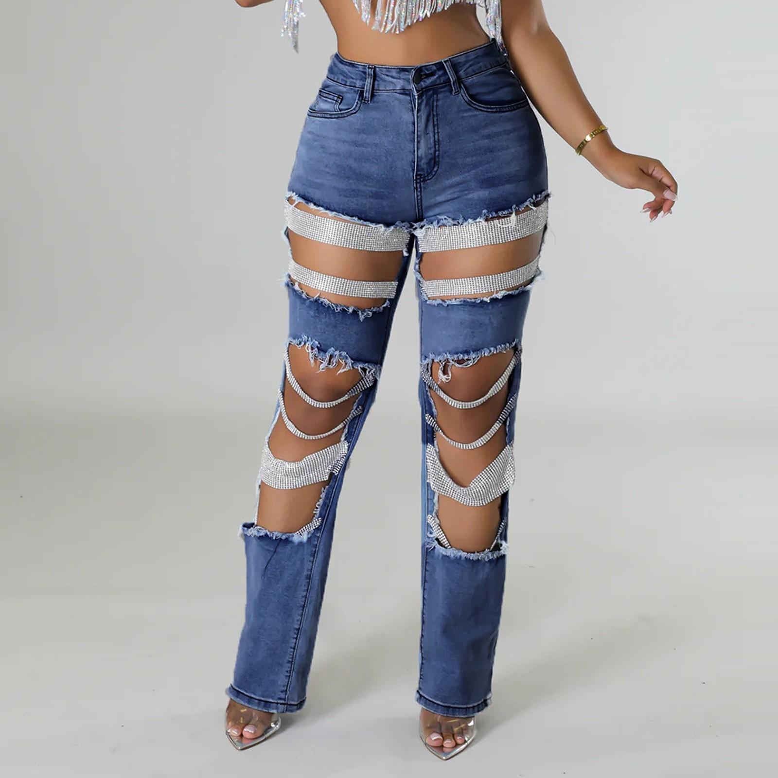 Winnerer Saturn Gebroken gat zware industrie spijkerkraal elastische jeans broek voor vrouwen XL