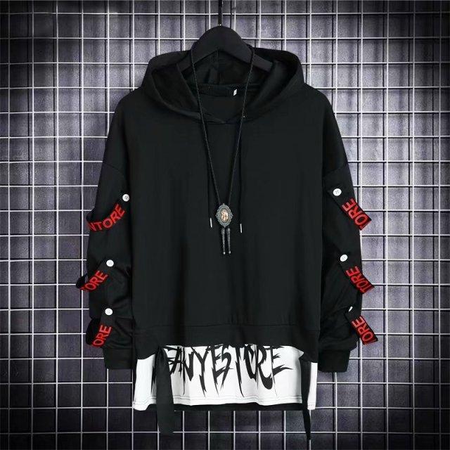 New boy 02 Herfst heren hoodie sweatshirt casual zwarte hoodies tops techwear hiphop harajuku patchwork japanse streetwear mannen XXL zwart