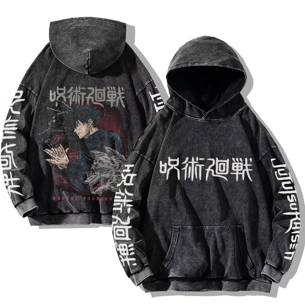 ETST 012 Vintage gewassen Jujutsu Kaisen Hoodies Satoru Gojo Heren Dames Streetwear Sweatshirts Casual Oversized Lange Mouw Kleding M