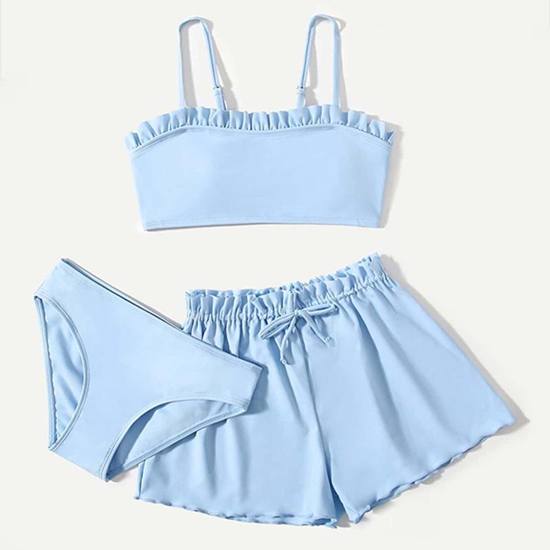 T-fengxinzi 1 Set Effen kleur geplooid badpak voor kinderen, driedelige badpakset voor meisjes 140