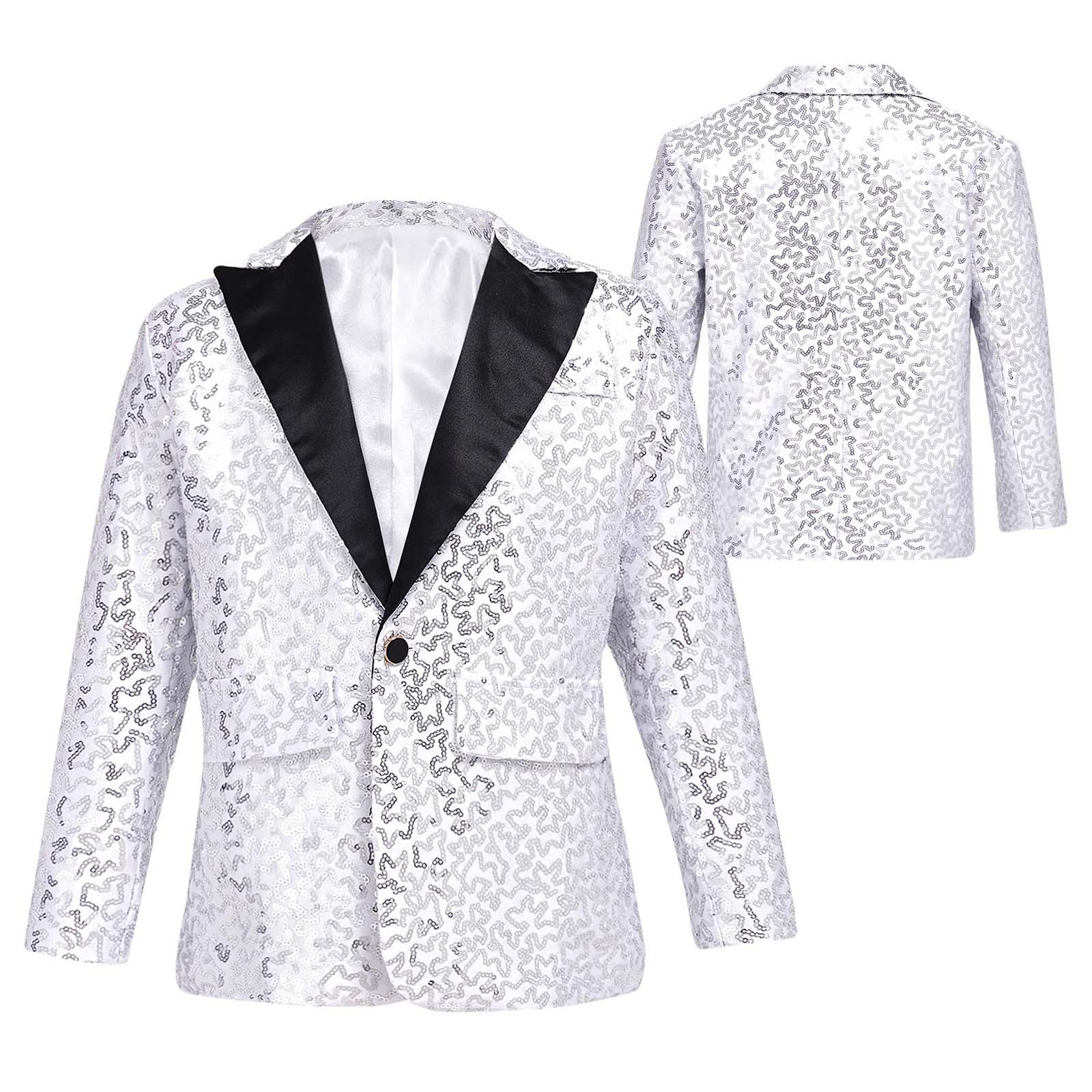 RUNQHUI Kinderen Jongens Glanzende Pailletten Revers Blazers Smoking Jasje Banket Bruiloft Dansshow Sprankelende Blazer 15-16 Years
