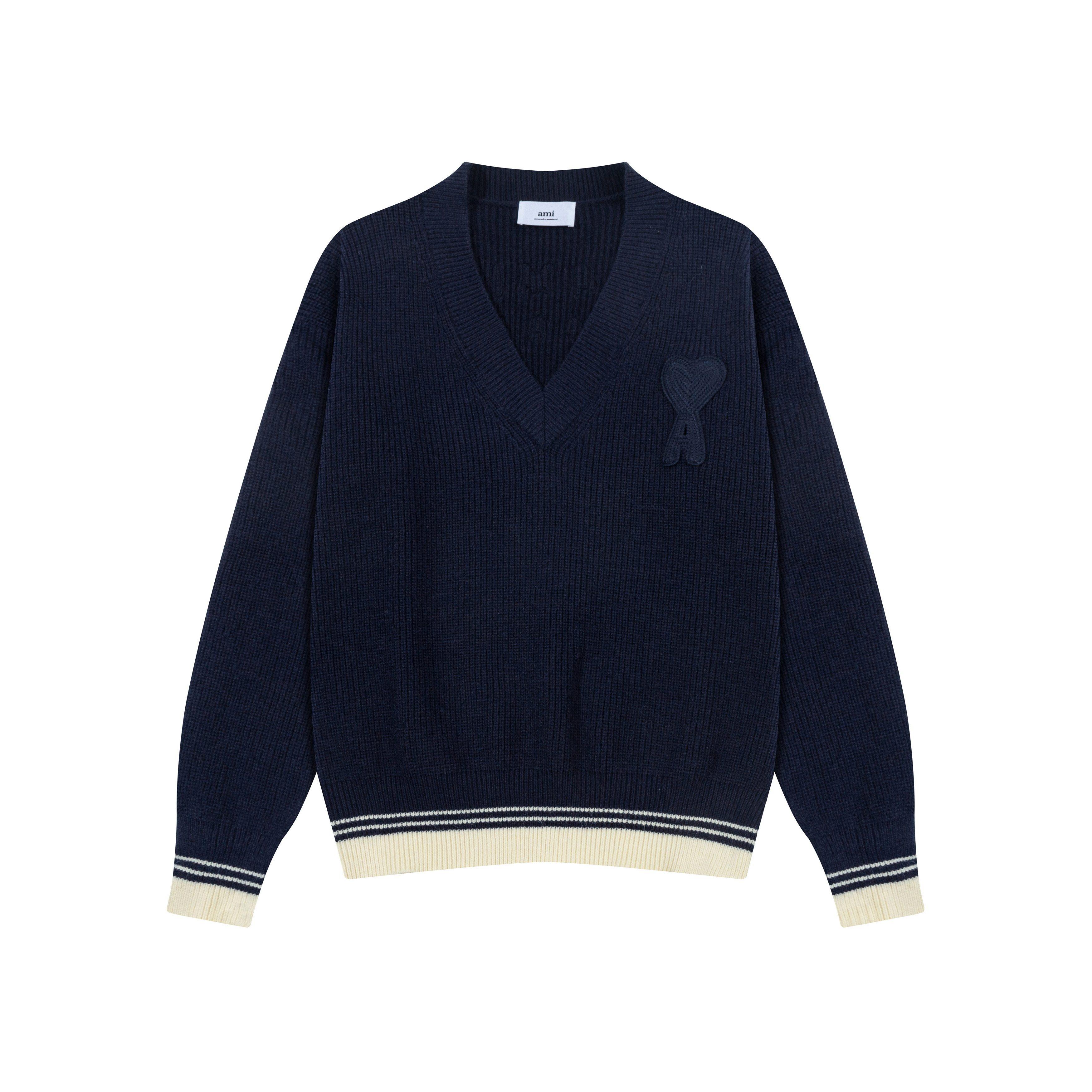 AMI New Autumn and Winter Knitted Striped V-neck Pullover, Long Sleeved with Heart-shaped Text Logo, Knitted Sheep Sweater Jacket M