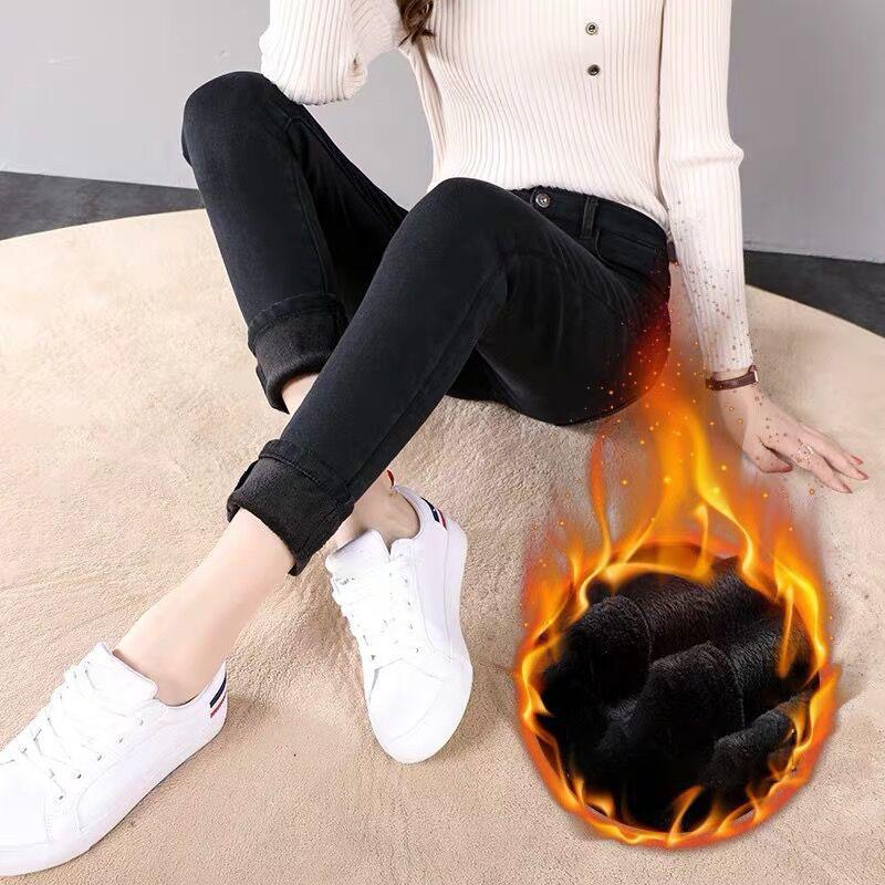 ZUERLE Winter Pluche Verdikte Warme Hoge Taille Jeans Dames Elastische Dunne Veelzijdige Broek 32