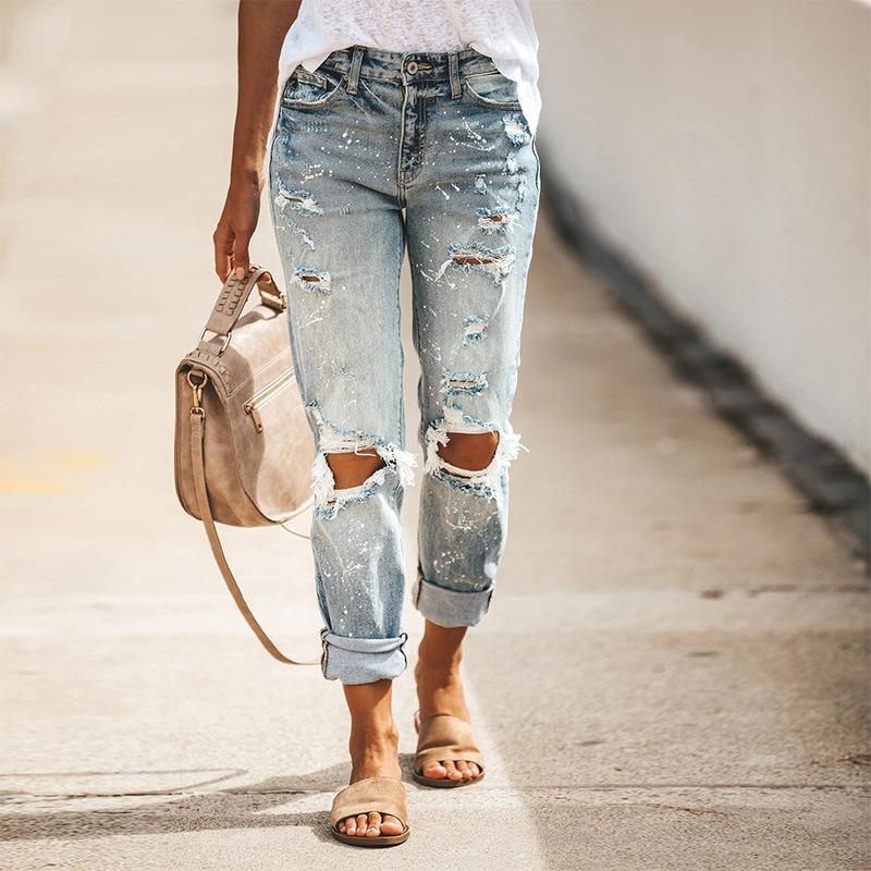 CANVAUS Zomer damesjeans gescheurde rechte broek bedrukte denimbroek 2XL