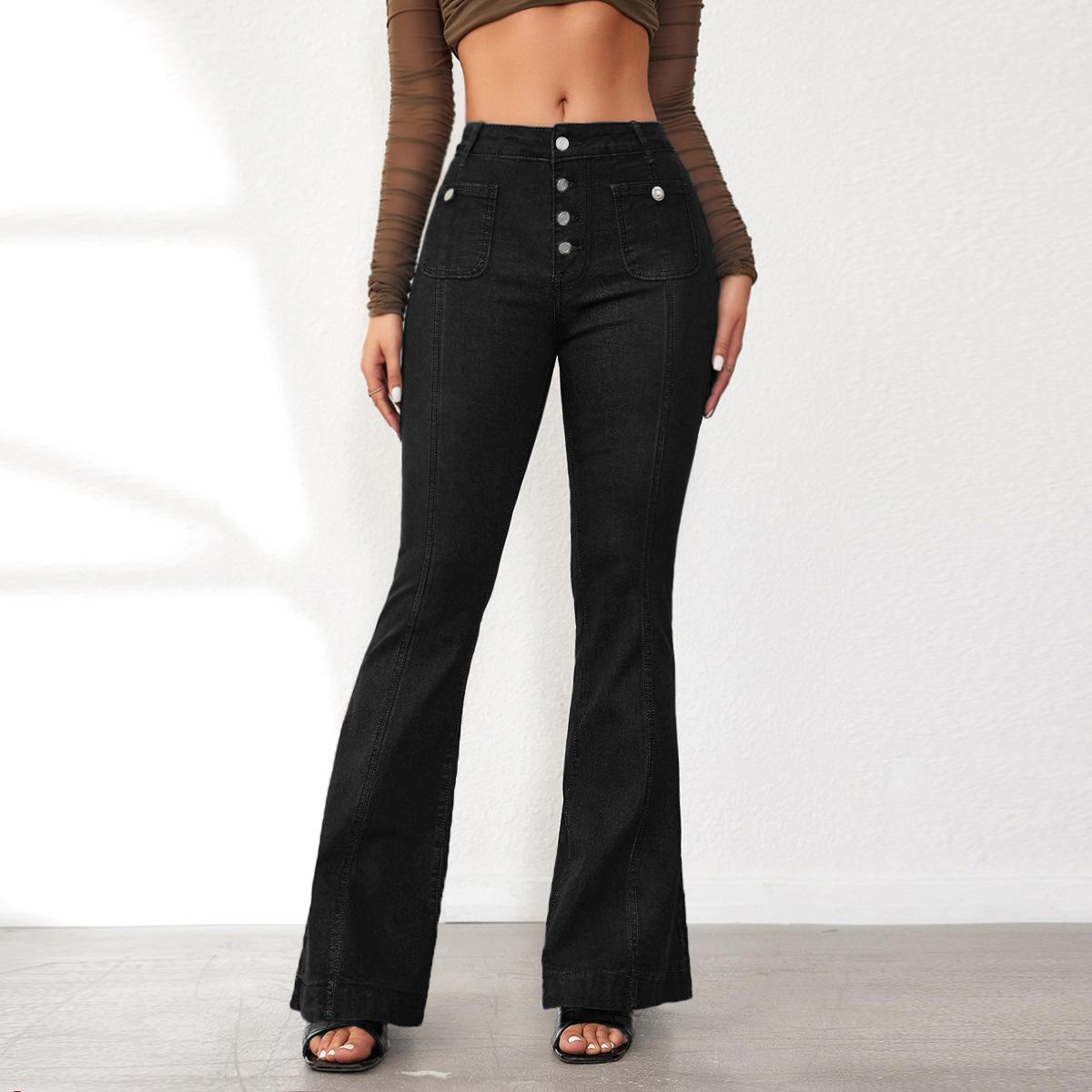 CANVAUS Lente en herfst dames jeans gesp slim micro hoge taille splicing broek 2XL zwart