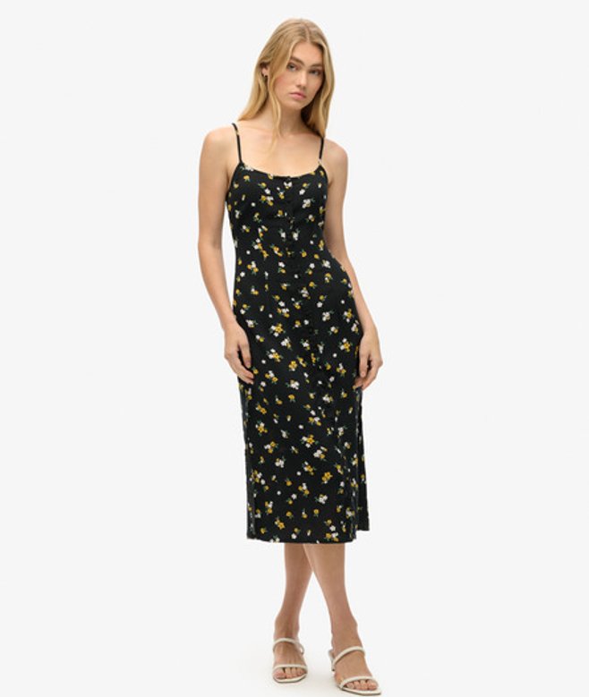 Superdry Cami Midi-jurk met Knoopsluiting en Print Zwart