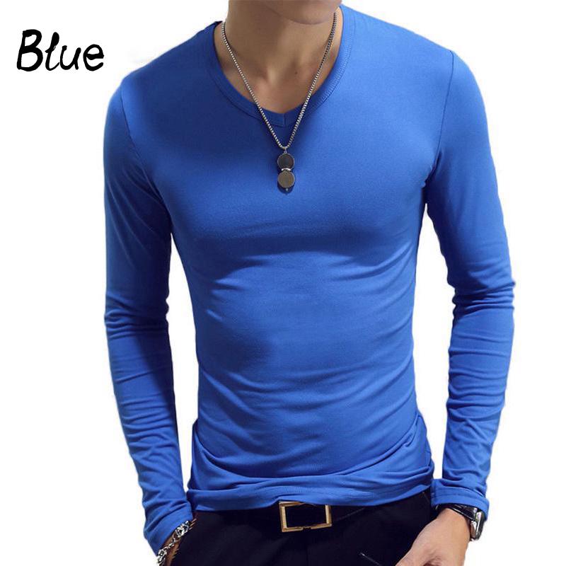 3FashionAccessory Elastische Heren T-shirt V-hals Lange Mouw Heren T-shirt Voor Mannen Katoenen T-shirts Herenkleding T-shirt Top Tees M blauw