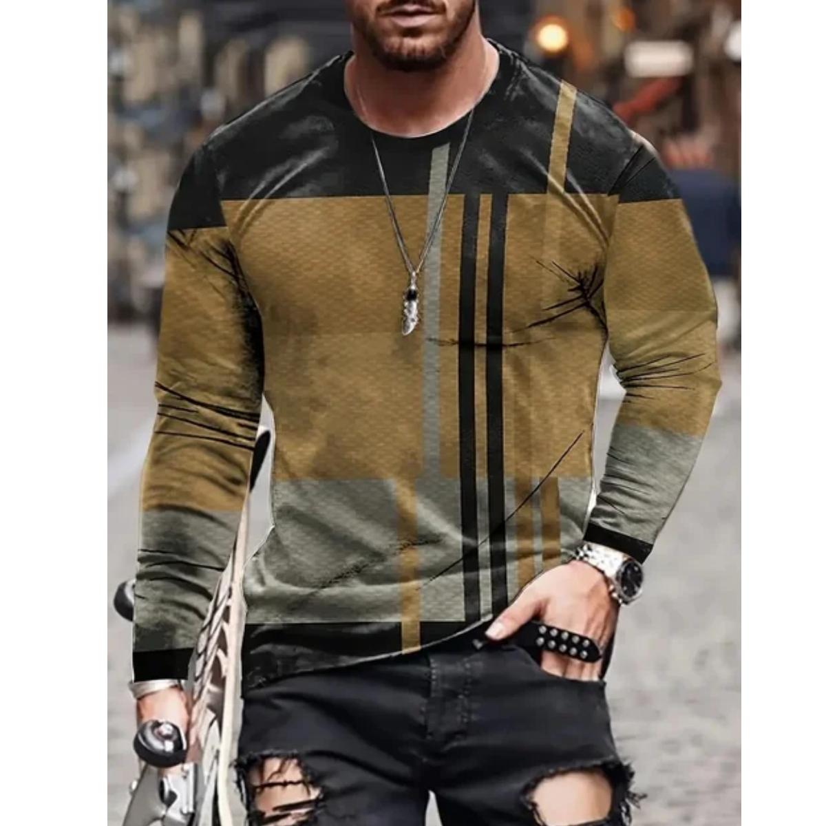 ETST 05 Heren T-shirt met lange mouwen, retro 3D-print, kleurblokprint, vintage nieuwigheid, stijlvolle T-shirts voor de herfst, herenkleding M