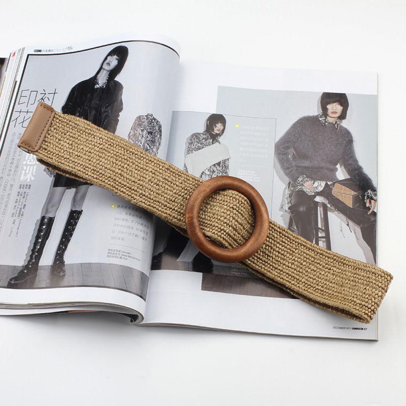 Sunnyway Vrouwen Boheemse elastische gevlochten riem Vrouwelijke jurk Jeans Brede zwarte PP-stro Designer Houten gesp Boho-riemen