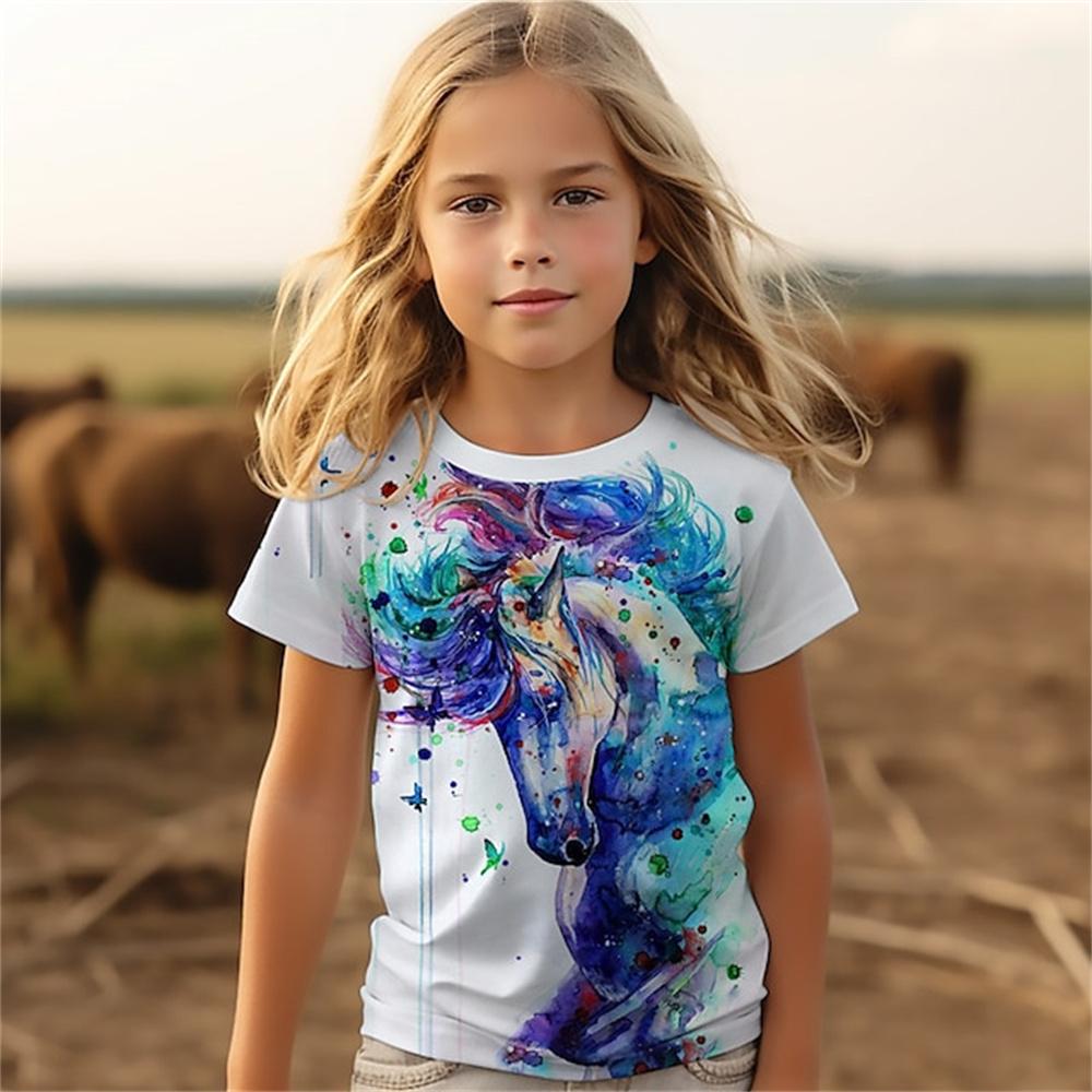 HerSight Kat Korte Mouw Paard Kind T-shirt Zomer Kawaii Kid T-shirt Voor Kinderen Tops Fashion Tee Meisjes Kleding Van 8 tot 14 Jaar Oud 120