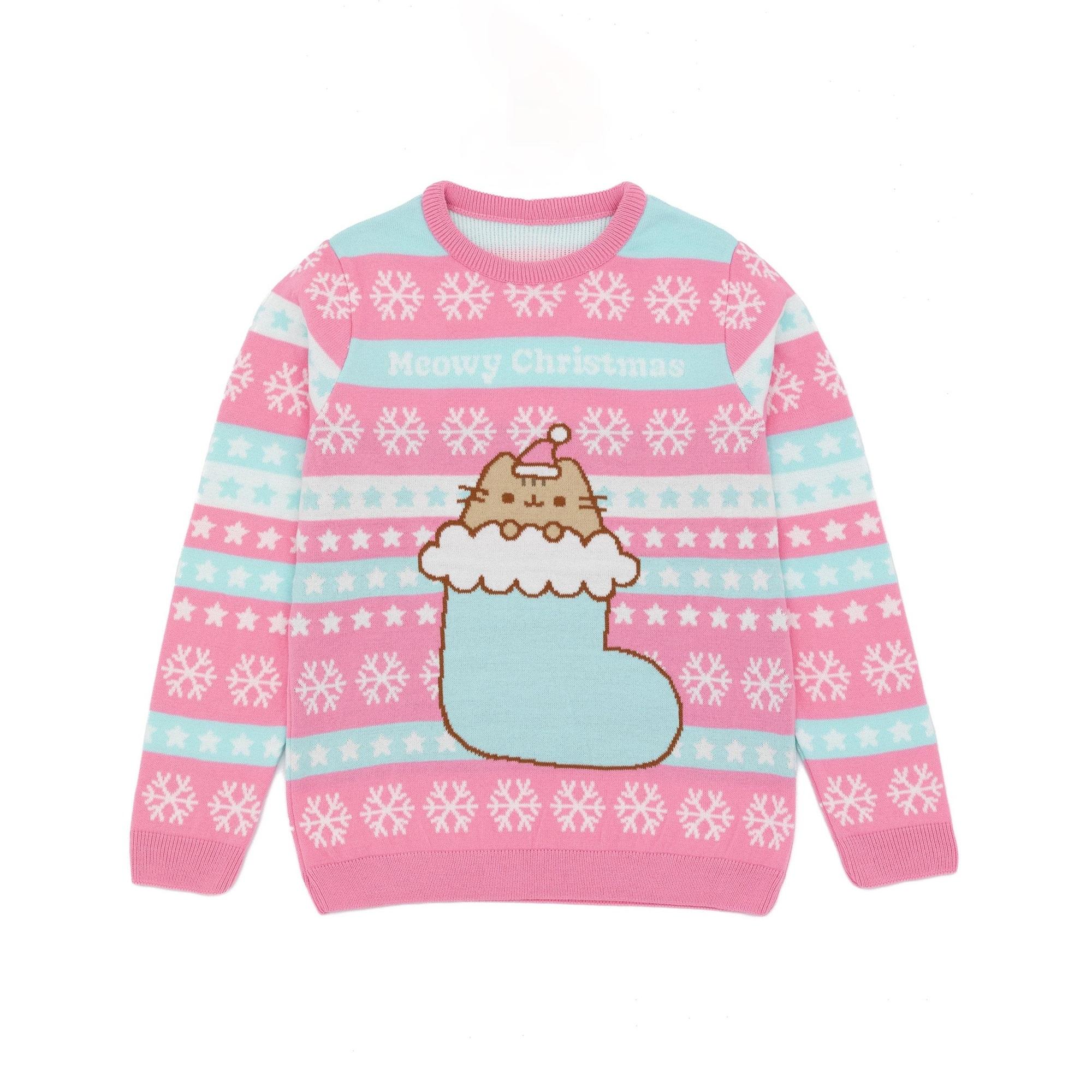 Pusheen meisjes gebreide kerstsweater 13-14 blauw/roze