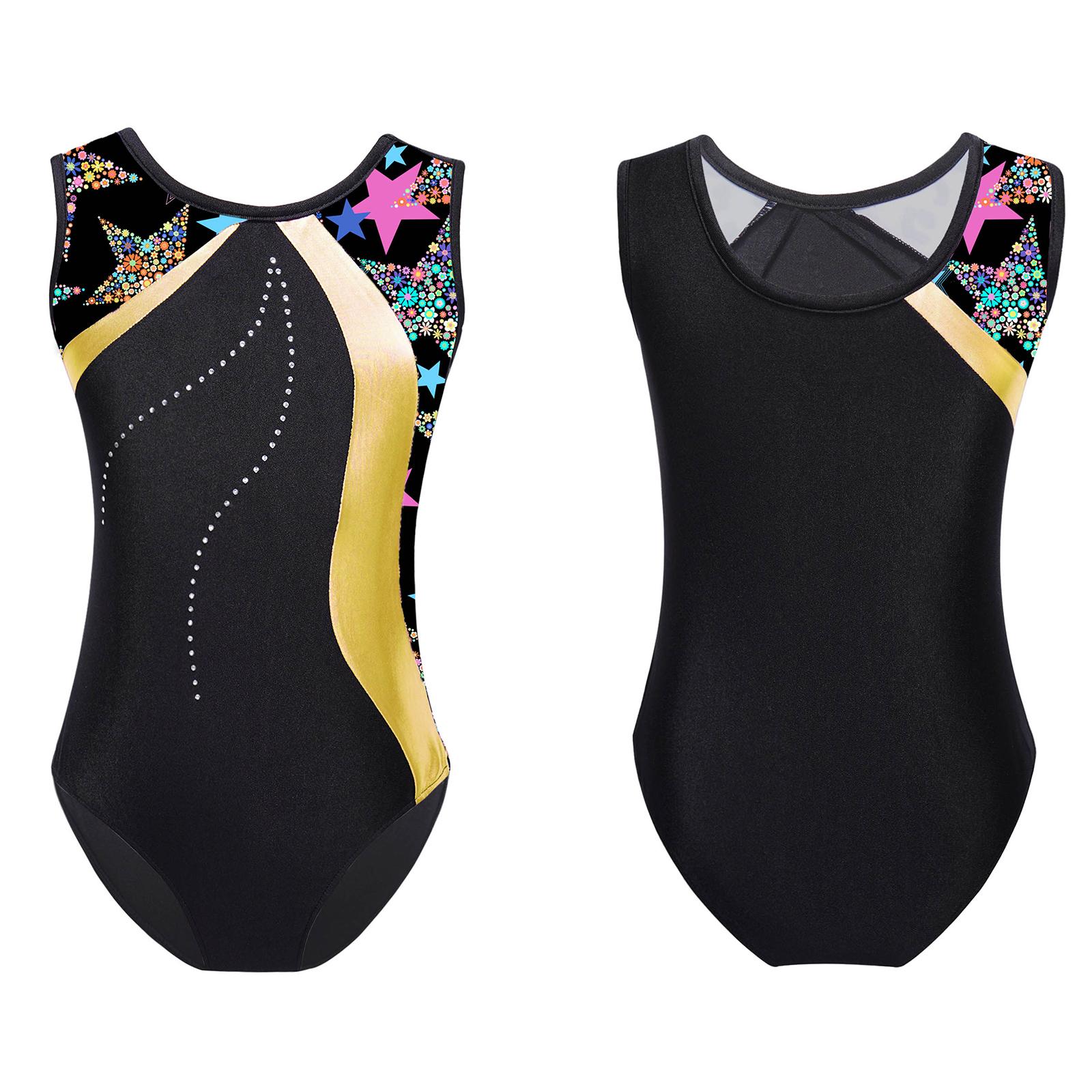 Tiaobug Kids Girls Stylish Print Leotard Sleeveless Bodysuit for Gymnastics Training Stage Performance 9-10 Years