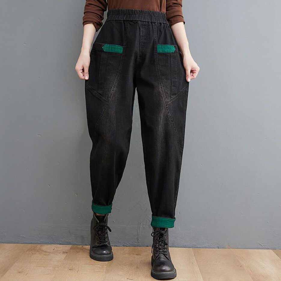 WTEMPO Losse grote maat hoge taille harem jeans dames elastische taille wijde pijpen broek XXXL zwart