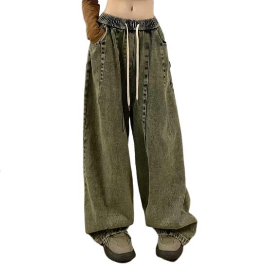 Baisida Dames jeans met wijde pijpen, vloerlengte, los denim, trekkoord, elastische taille, effen kleur, hiphop, streetwear, diep kruis, zakken, vintage rechte lange broek L