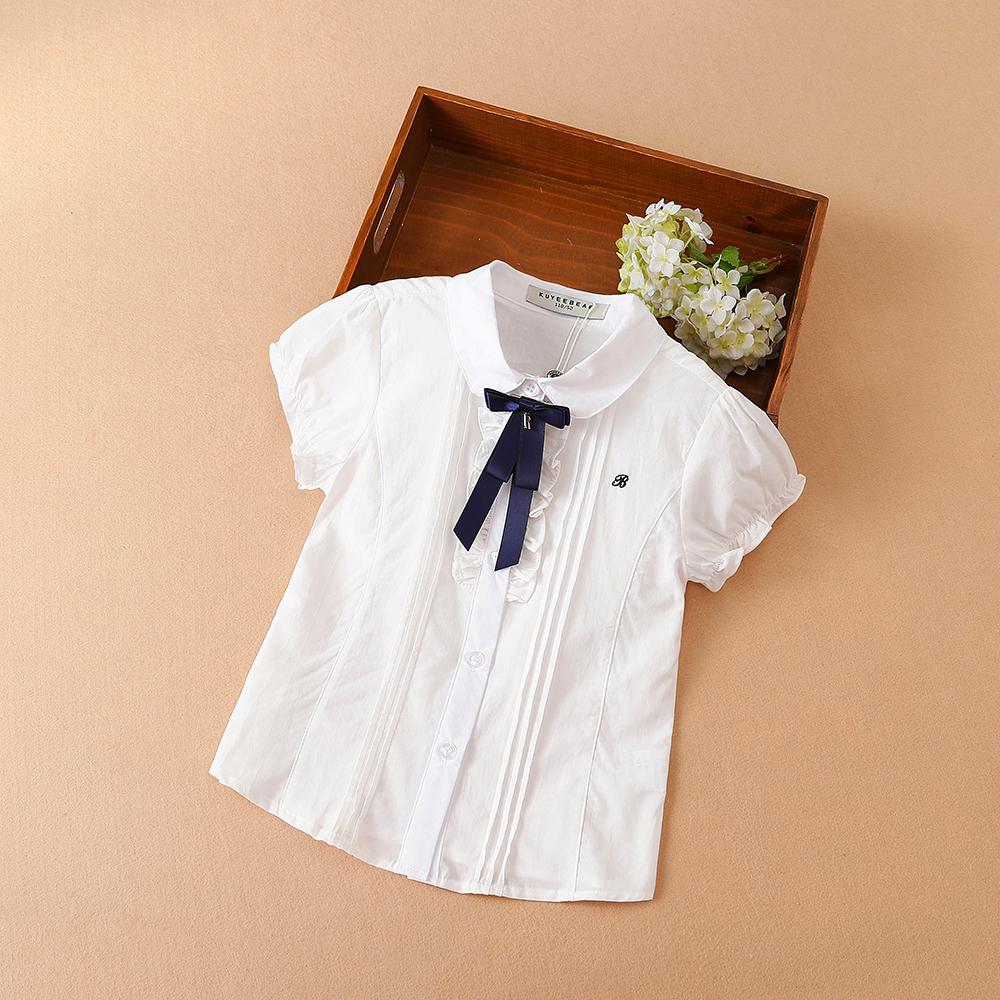 Kuyeebear Meisjes Blouse Shirts Zomer Korte Mouw Katoen Mooie Strik Casual Witte Tops Voor 10-12 Jaar Kinderkleding 140 wit