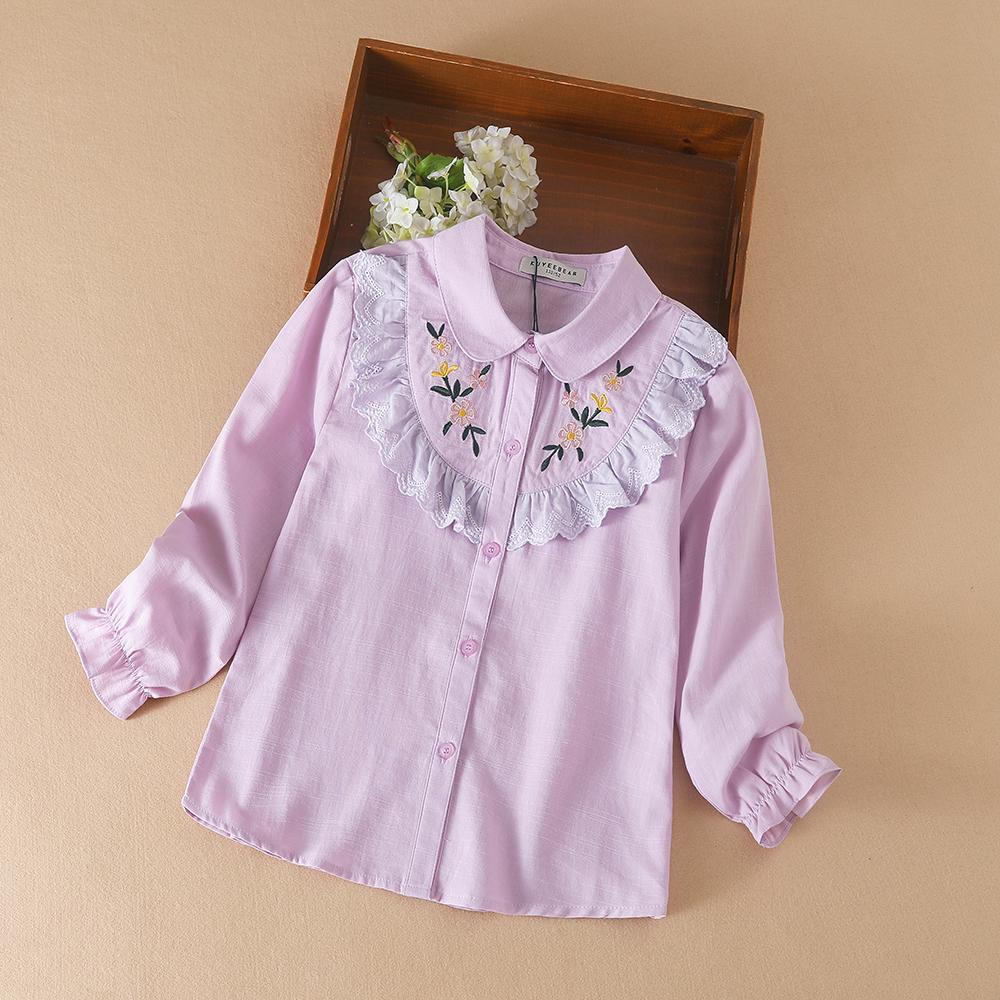 Kuyeebear Meisjes Shirt Blouses Kinderen Lente Herfst Koreaanse Mode Kinderen Lange Mouwen Katoen Bloemen Borduurwerk Kant Zoete Top Kleding 140