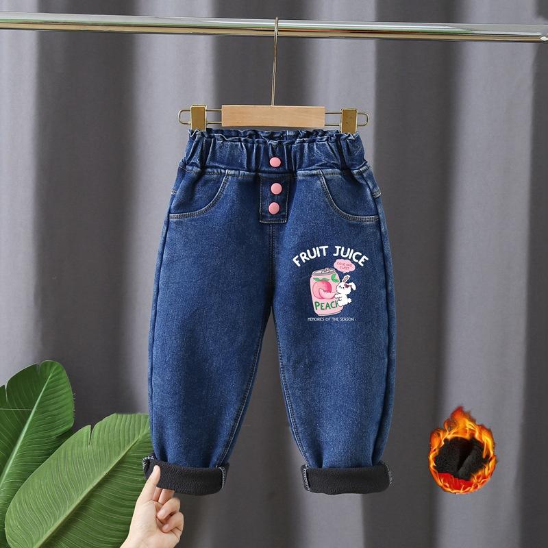 L.RIDING PULO Herfst- en wintermeisjes fleece jeans voor buitenkleding Lange oren konijn Koreaanse stijl hoge taille jeans Meisjes Koreaanse stijl trendy broeken 130