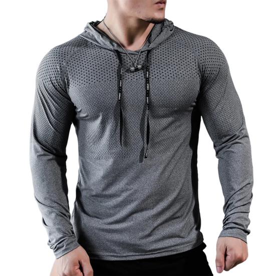 Yunzhu Heren Sport Top Trekkoord Capuchon Lange mouw Slim Fit Zacht Ademend Hoge Elasticiteit Sneldrogend Holle Mesh Jogging Training Zomer Lente Sweatshirt L