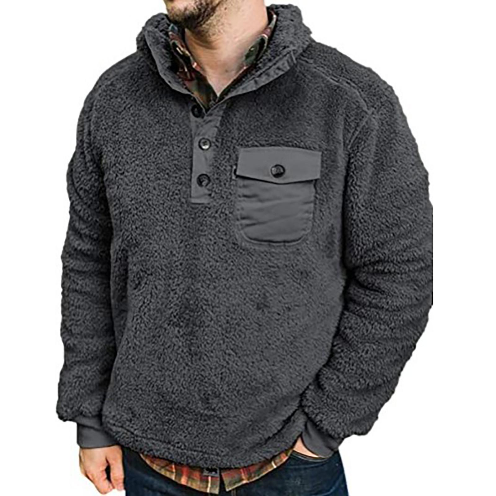WomWear Heren effen kleur pluche warme jas fleece trui casual jas zak trui herfst winterjas XXXL grijze kleur