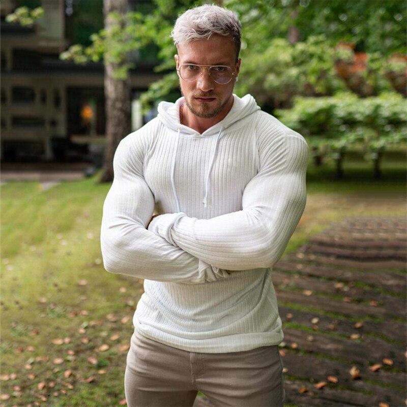 Muscleguys Herfst Mode Casual Effen Herenkleding Sport Hardlopen Trui met capuchon Sportkleding Fitness T-shirts XXL wit