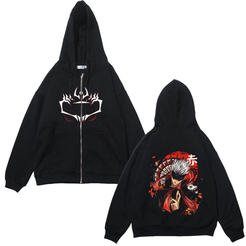 TENJINGE Trendy Anime Rits Jassen Jujutsu Kaisen Print Sweatshirts Satoru Gojo Print Fleece Hoodies Manga Casual Jassen Streetwear Y2K Kleding L
