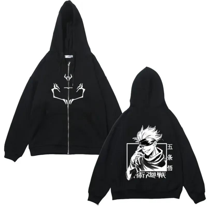 TENJINGE Trendy Anime Rits Jassen Jujutsu Kaisen Print Sweatshirts Satoru Gojo Print Fleece Hoodies Manga Casual Jassen Streetwear Y2K Kleding L