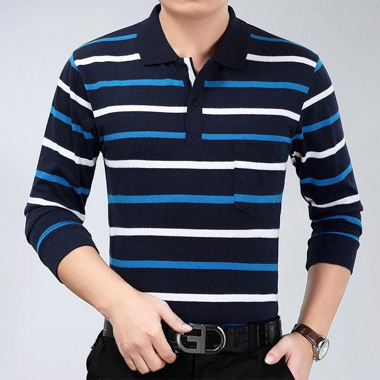 WTEMPO Heren POLO met lange mouwen Herfst Business heren Middelbare leeftijd en ouderen Grote maat Gestreept T-shirt Revers Top M