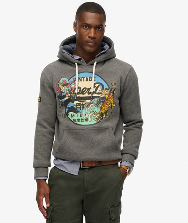 Superdry Vintage Logo Hoodie met Grafische Print in Japanse Stijl Grijs