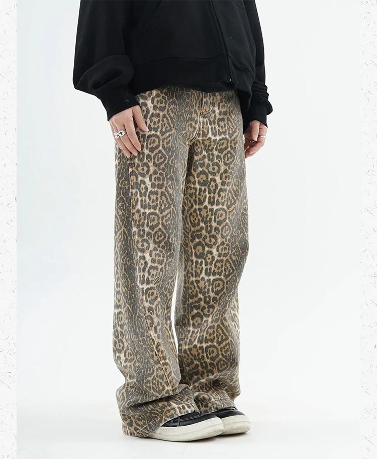 Casual Cothing S Vintage luipaardprint jeans dames lente oversized casual hip pop wijde pijpen broek trend hoge taille panter denim broek dames L