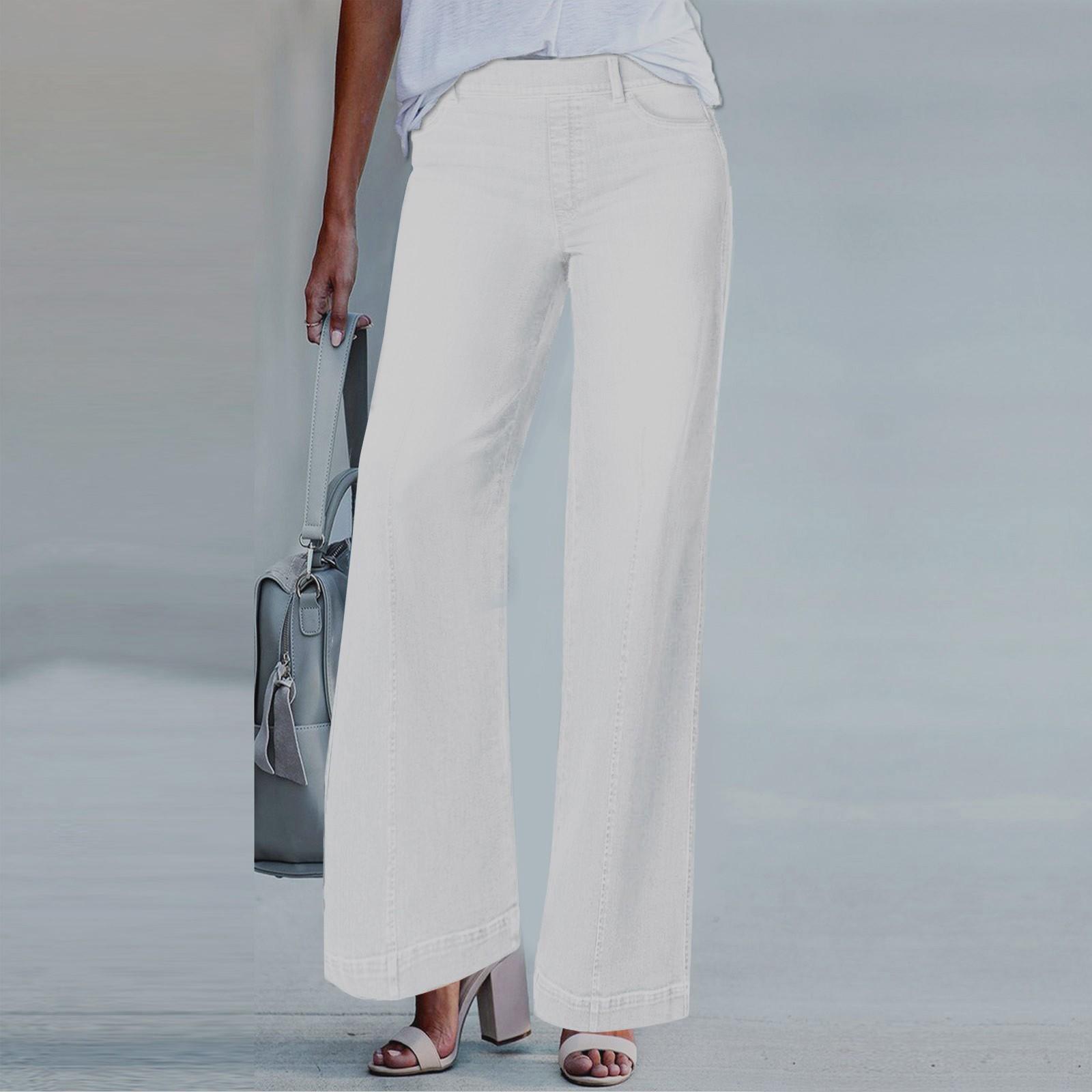 Ren Bag Jeans met wijde pijpen aan de voorkant, elastische taille, stretchdenim, flare-jeans, hoog getailleerde Jean, Bell Bottom-jeans, verlengd XS wit