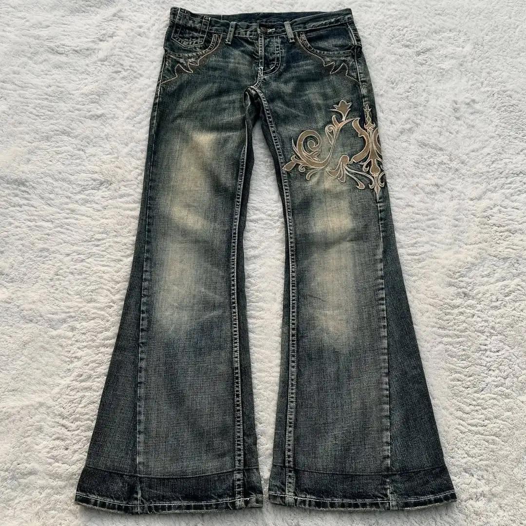 QGOOD Street Harajuku Heavy Industries Retro Pattern Embroidery Blue Washed Jeans Women's Personalized Casual Splicing Flare Pants XS