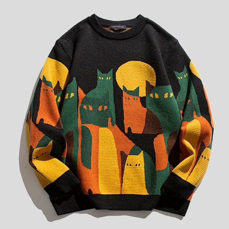 VIYOO Heren Dames Pull Gebreide Trui Met Katten Sweatshirts Y2K Kleding Trui Lange Mouw Winter Jumper Gebreide Fleece Trui Voor Mannen XL zwart