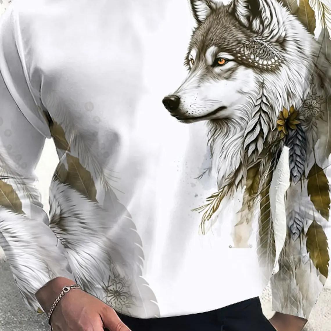 ETST 03 Vintage Heren T-shirt met lange mouwen, 3D-printoverhemden, Mode Dierenwolf Grafische korte mouwen, Oversized streetwear tops, T-shirts XL