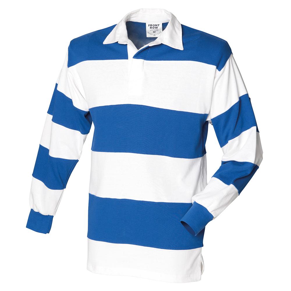 FRONT ROW Heren Streep Genaaid Rugby Poloshirt XL wit/koningsblauwe kleur