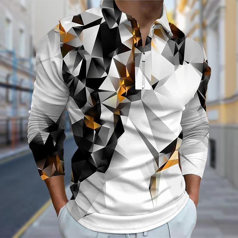 3D Custom Clothing Polo Shirts Men Long Sleeve Broken Blocks Print New Men's Polo Shirt Long Sleeve Zipper T-shirt Top XS