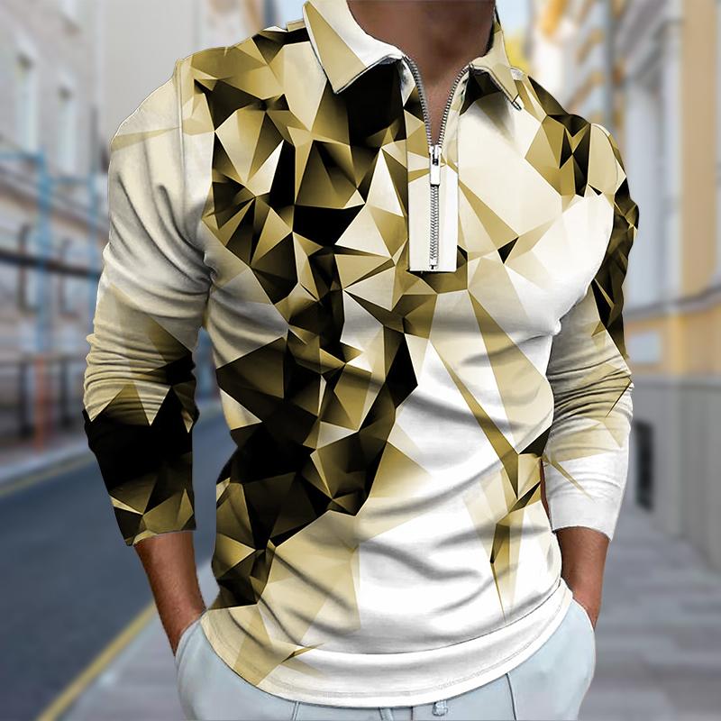 3D Custom Clothing Polo Shirts Men Long Sleeve Broken Blocks Print New Men's Polo Shirt Long Sleeve Zipper T-shirt Top 2XL