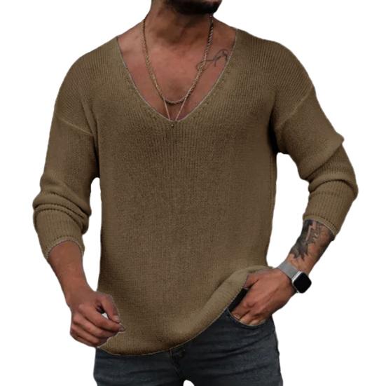 WomWear Heren Lente Herfst V-hals Lange Mouw Trui Losse Pasvorm Effen Kleur Onderkant Pullover Tops Eenvoudige Casual Breien T-shirt Tops M koffie