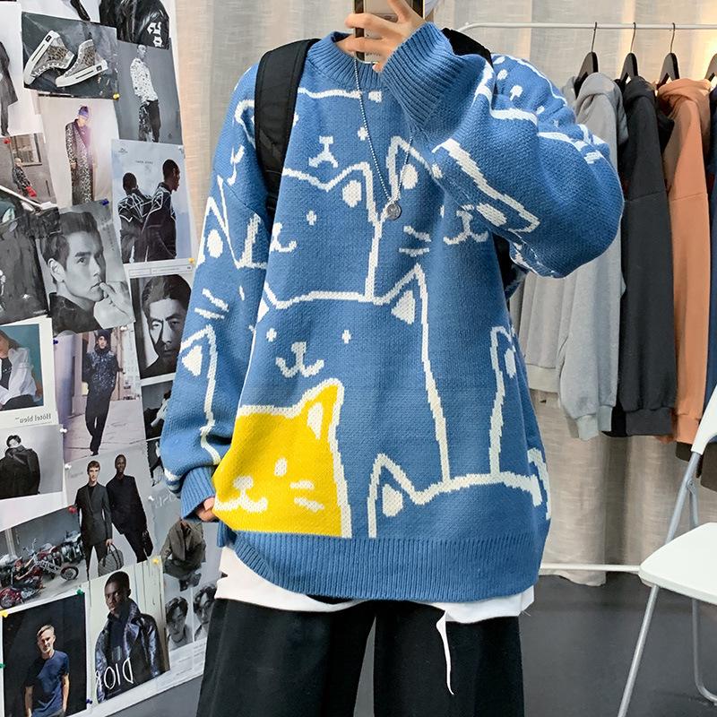 VantaGoods Trendy Hong Kong-stijl cartoontrui voor heren - losse pasvorm, ronde hals, gebreide herfst/wintermode voor studenten XL