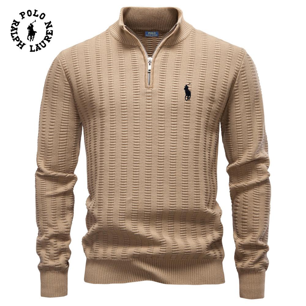 Polo Ralph Lauren 2025 Autumn and Winter Embroidery New Striped Jacquard Men's Plus Size Sweater, Half Zipper Stand Up Collar Business Sweater L