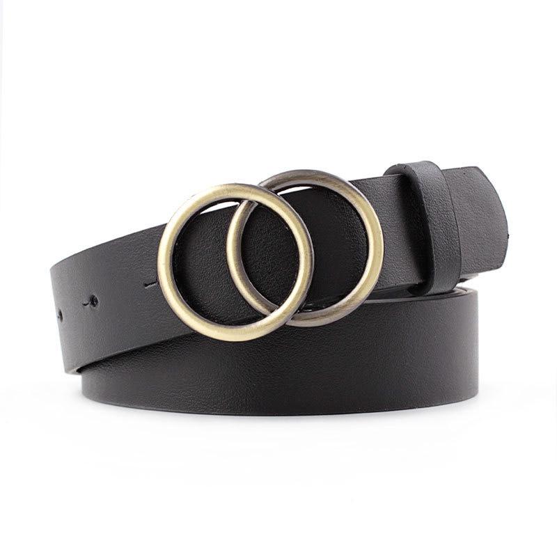 R&N Fashion Vintage Dubbele Ronde Gesp Vrouwen Taille Riem Vrouwelijke Leren Verstelbare Riemen voor Jeans zwart
