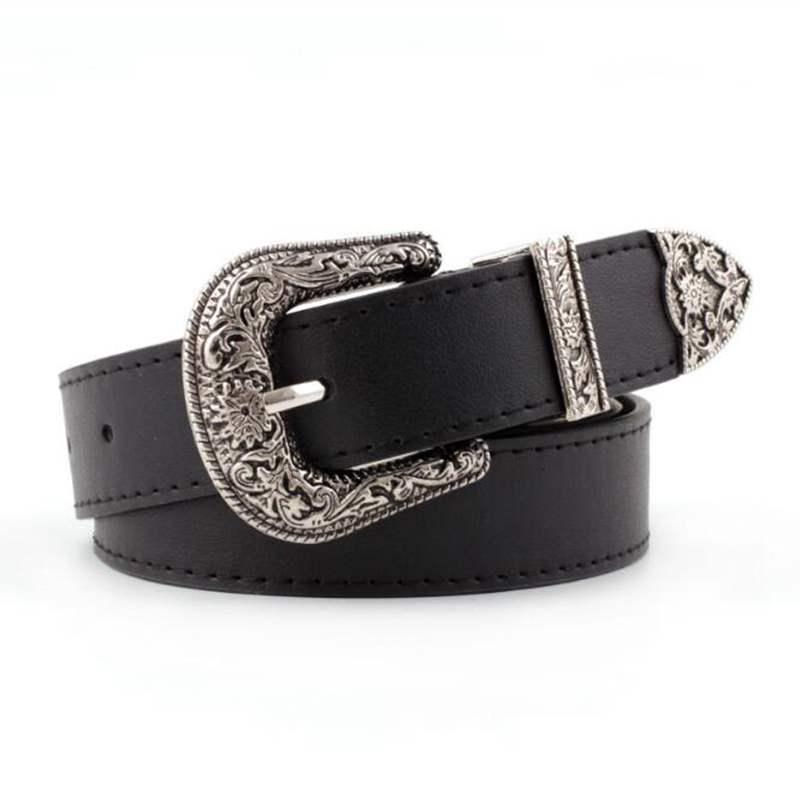 R&N Fashion 2 Zwart lederen vrouwen riem vintage patroon metalen gesp taille riemen voor dames cowboy broek riem tailleband ceinture femme zwart