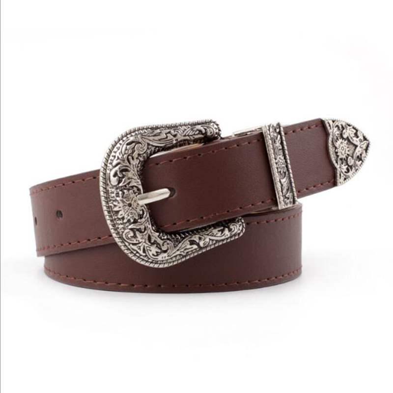 R&N Fashion 2 Zwart lederen vrouwen riem vintage patroon metalen gesp taille riemen voor dames cowboy broek riem tailleband ceinture femme koffie