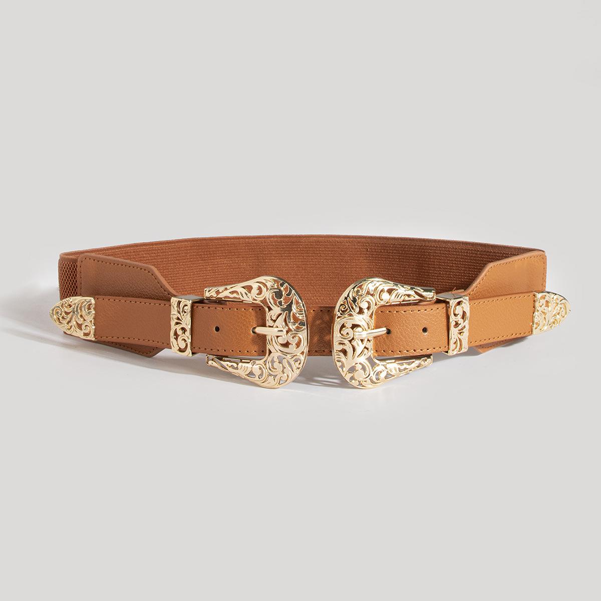COOLERFIRE FASHION Riem voor Dames Vintage Mode Designer Riemen Dames Hoge kwaliteit Luxe Merk Riem voor Dames Jurk Jeans Gouden Riem Vrouwelijke DT172 75cm bruin