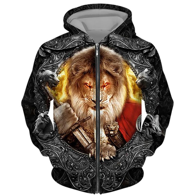 TIP723 Lente Herfst Heren Rits Hoodie Sweatshirts 3D Dier Leeuw Beest Afdrukken Capuchon Trui Mode Jas Casual Sportkleding L